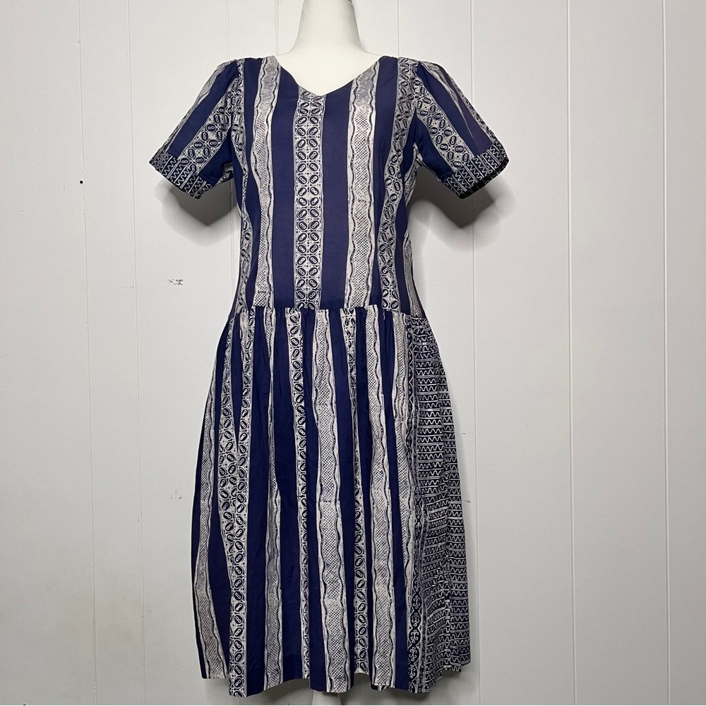 Vintage Blue and White Striped Dress Midi Length Coastal Summer Cotton Large